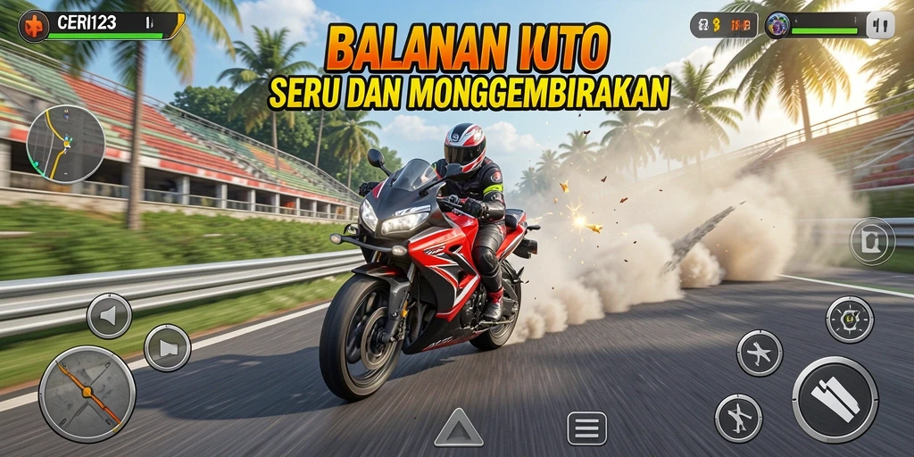Tampilan gameplay CERI123 yang menampilkan aksi balap motor yang mendebarkan.