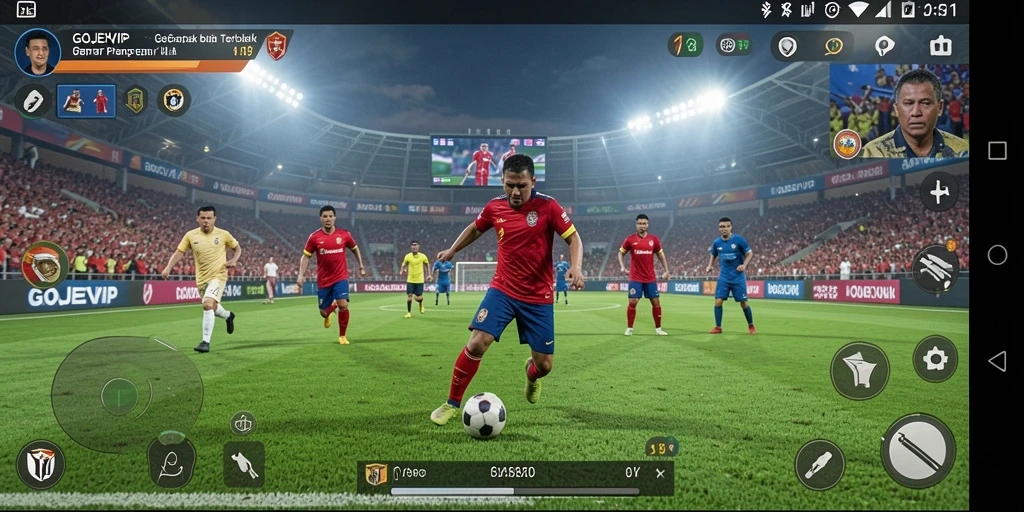 Tampilan gameplay GOJEKVIP yang mendebarkan dengan aksi sepak bola nyata.
