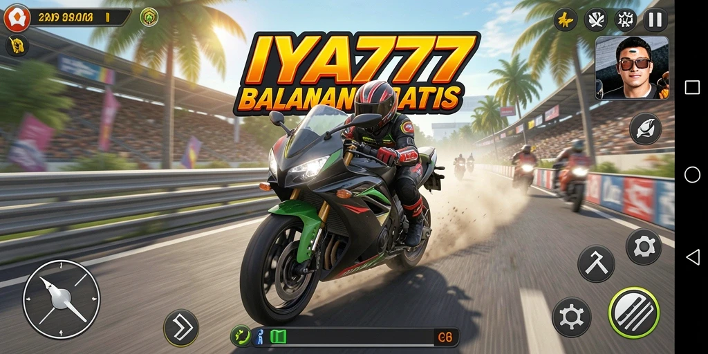 Tampilan gameplay seru di <strong>IYA777</strong> saat balapan motor.