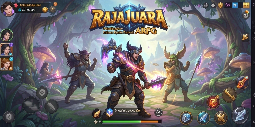 Screenshot utama RAJAJUARA menampilkan karakter dalam pertempuran seru.