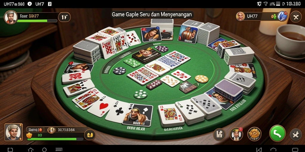 Screenshot UH77 menampilkan gameplay seru Gaple di meja virtual.