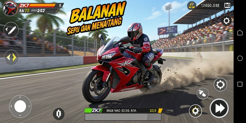 Tampilan gameplay ZK7 saat balapan motor yang mendebarkan.